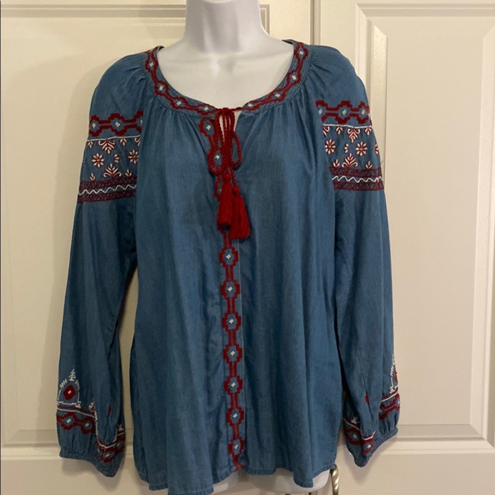 Style & Co. Chambray Tie Front Embellished Blouse